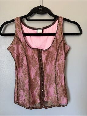 VTG Vanity Whimisgoth Women’s Pink Corsette with Brown Floral Lace‎ Trim XS